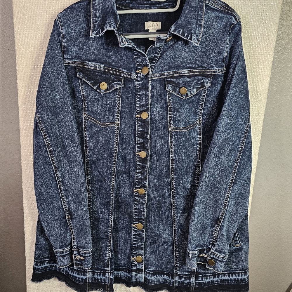 LOGO by Lori Goldstein Dark Wash Denim Jacket Women’s 14 Longline - Picture 8 of 9